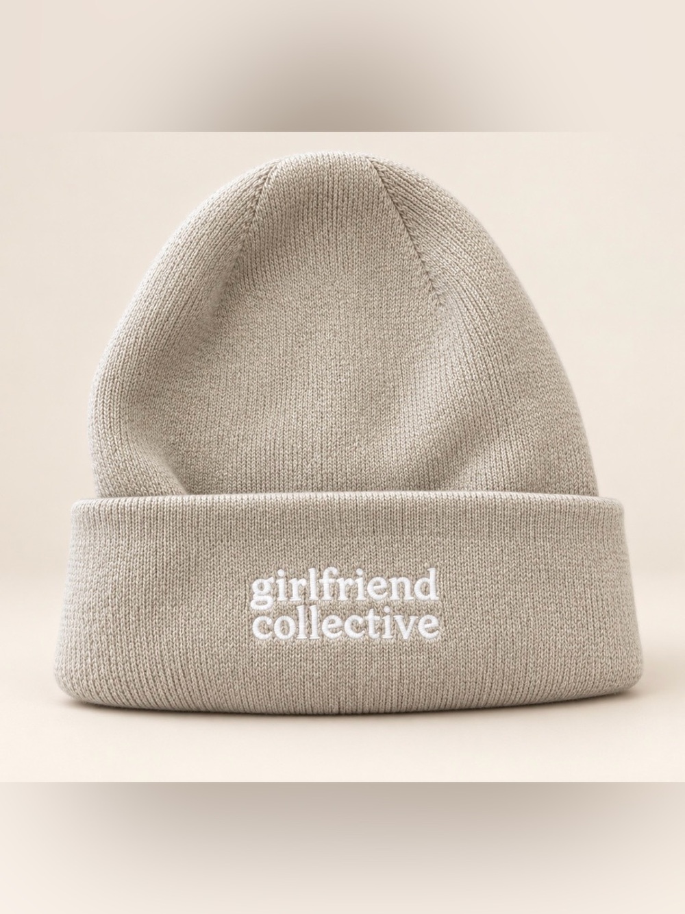 girlfriend collective Taupe Cuffed Beanie with White Embroidered Logo
